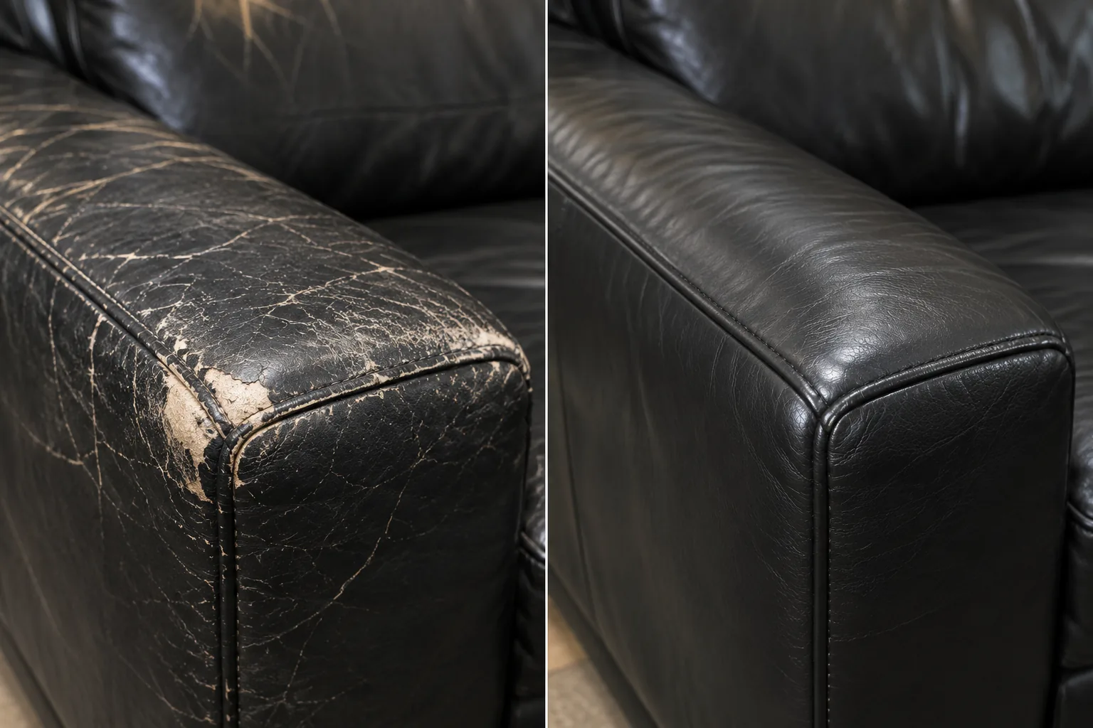 Cracked black leather arm top, before and after repair