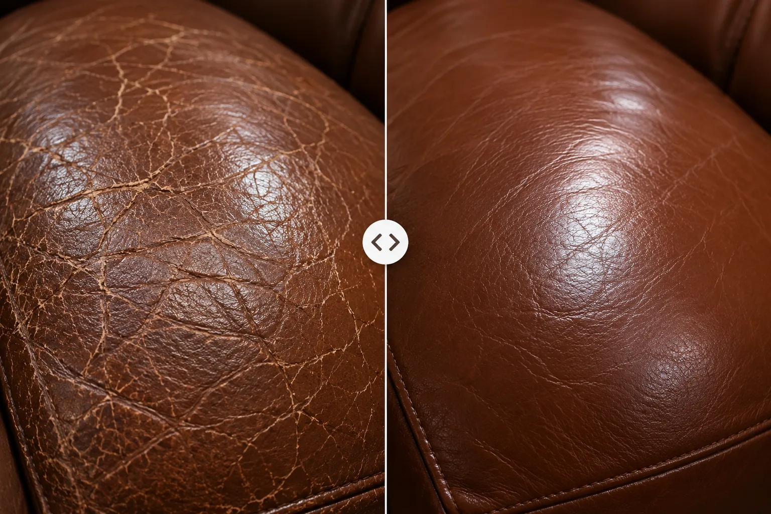 A brown leather seat cushion crazed with fine cracks, and the same cushion after crack repair