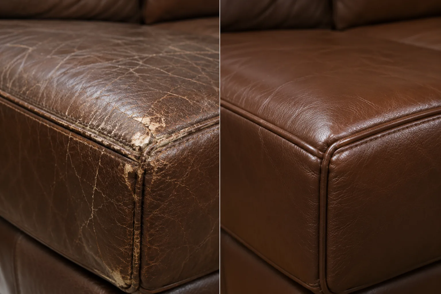 Leather seat corner flaking and lifting, before and after repair