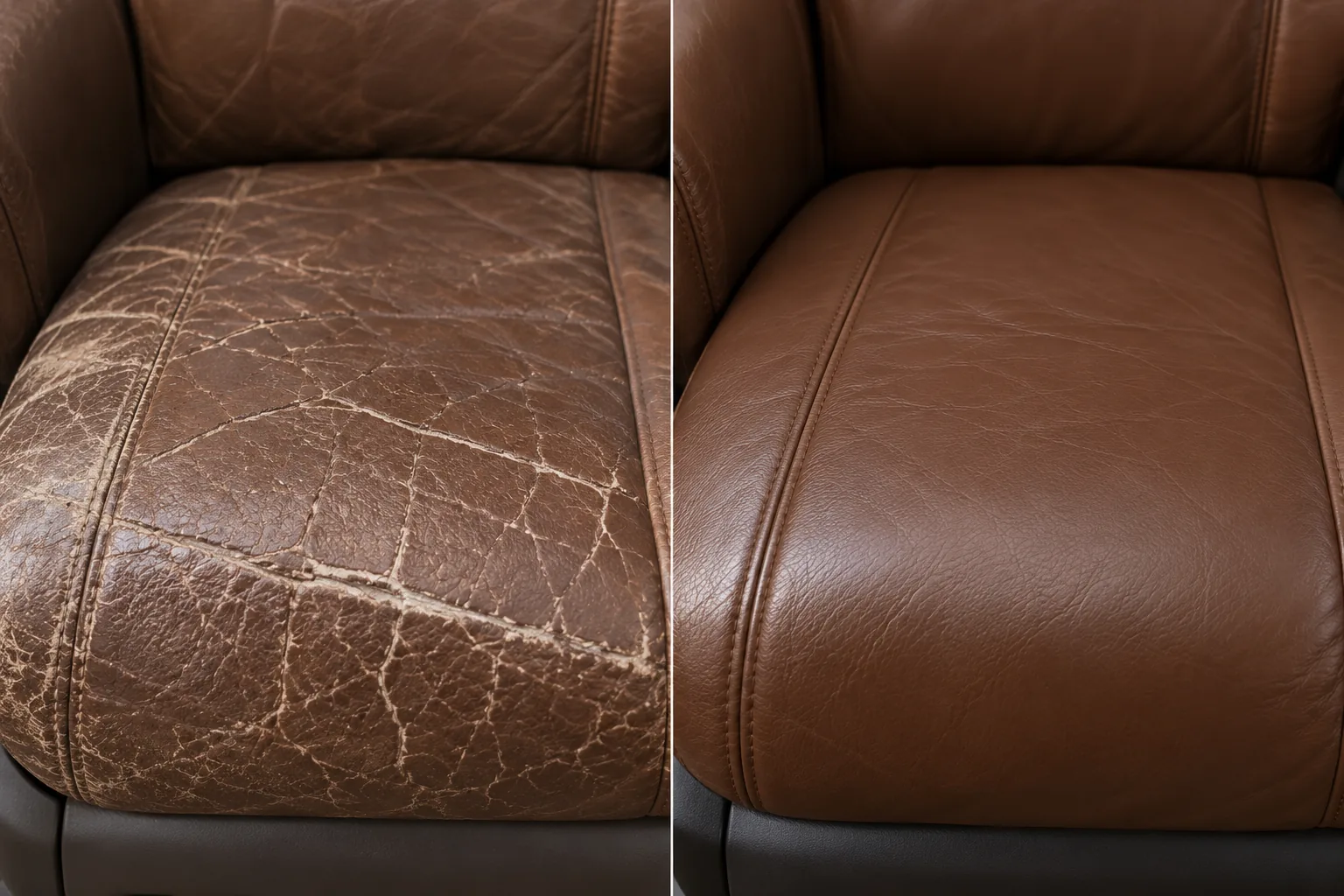 Fine crazing across a leather seat panel, before and after repair