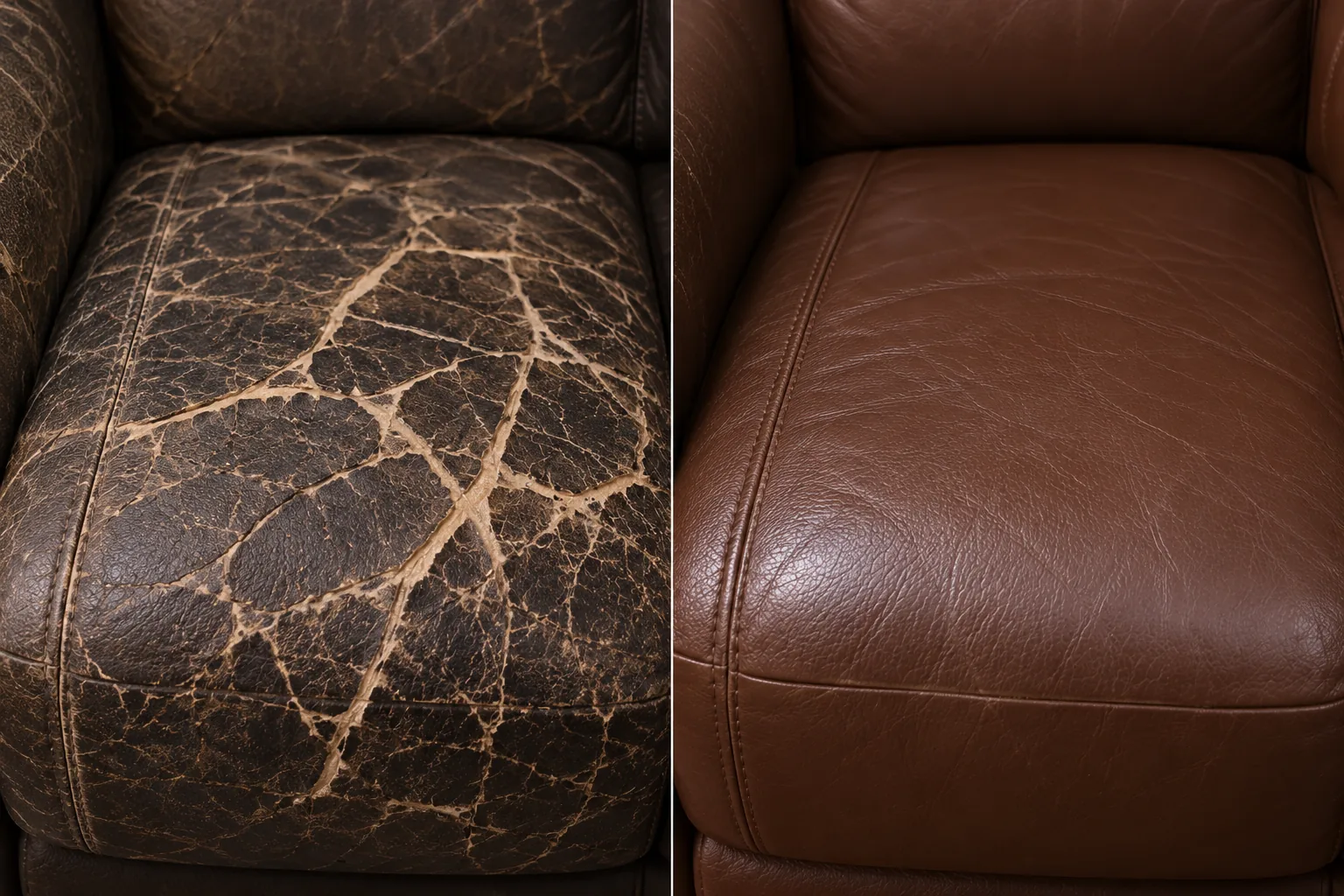 Deep crackle on a dark seat, before and after