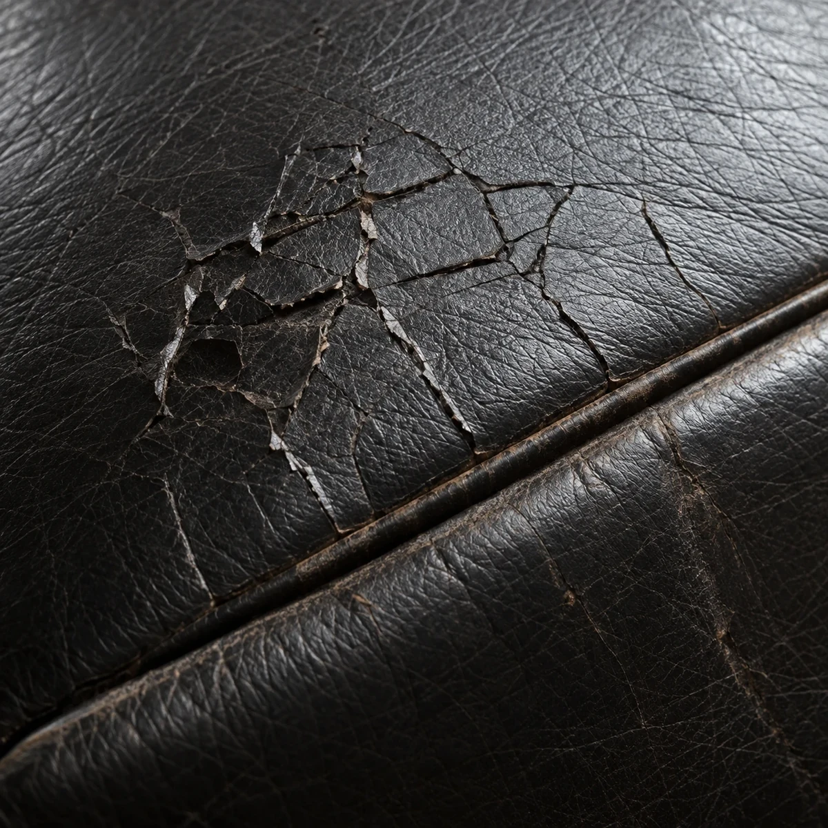 Crack network on a black seat beside the seam