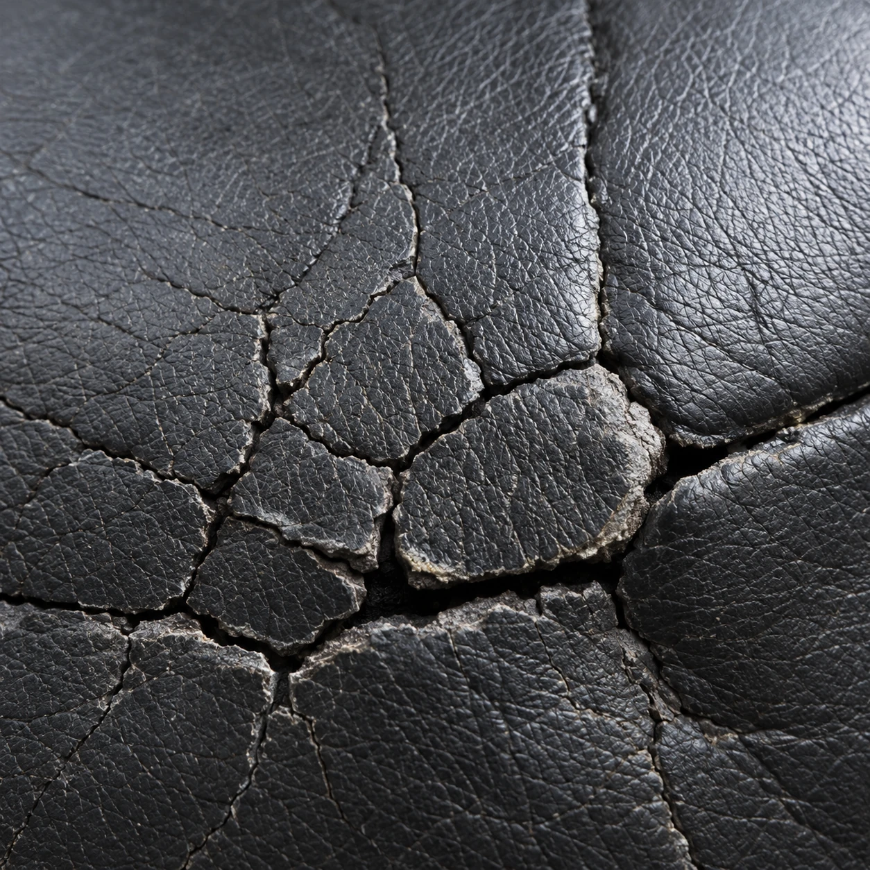 A network of deep cracks across dried dark leather