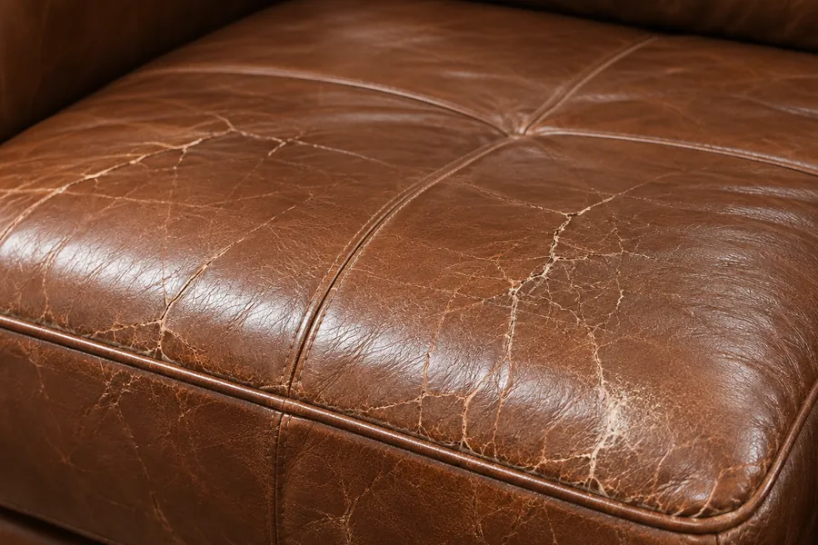 Fine crazing spread across the crown of a brown leather seat cushion