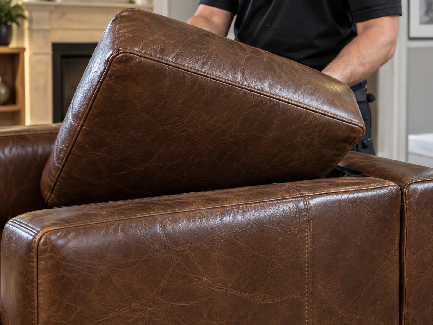 Leather cushion lifted to check the deck below