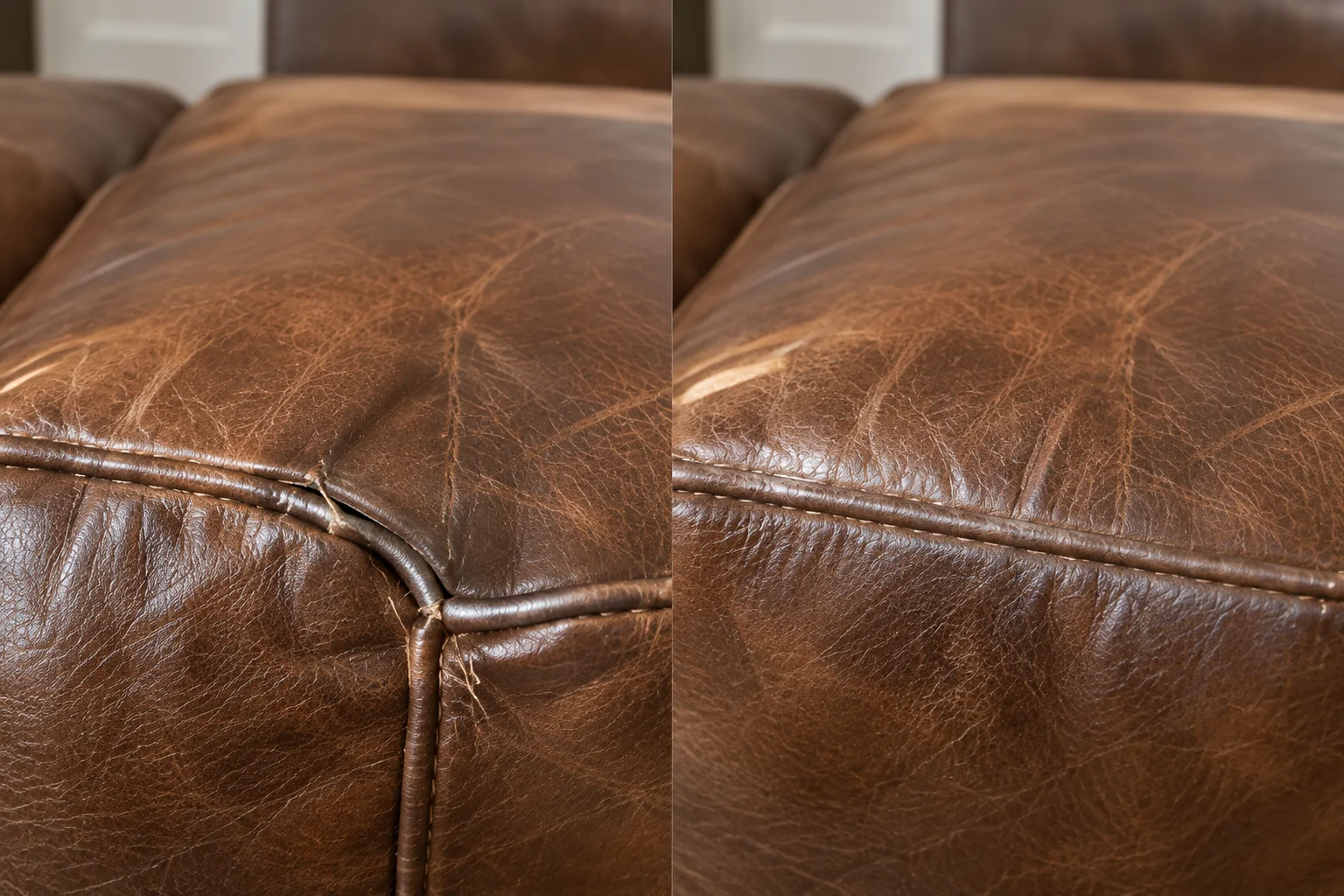 Frayed cushion corner piping before and after
