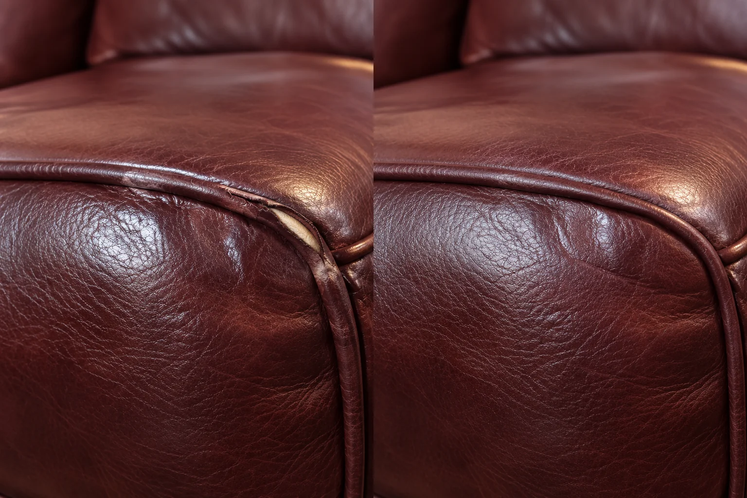 Split piping along a burgundy leather cushion, before and after repair