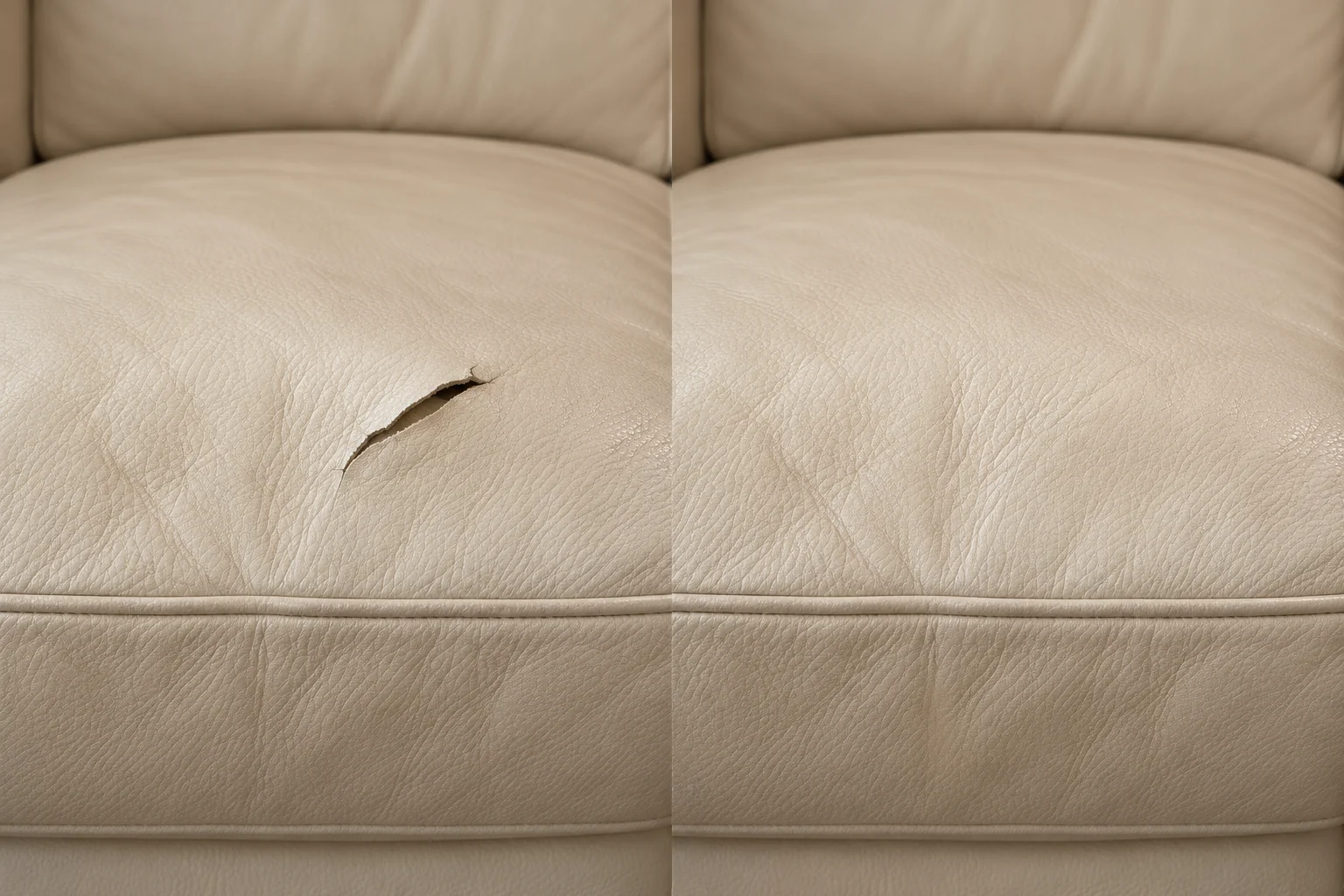 Small tear in a cream leather seat
