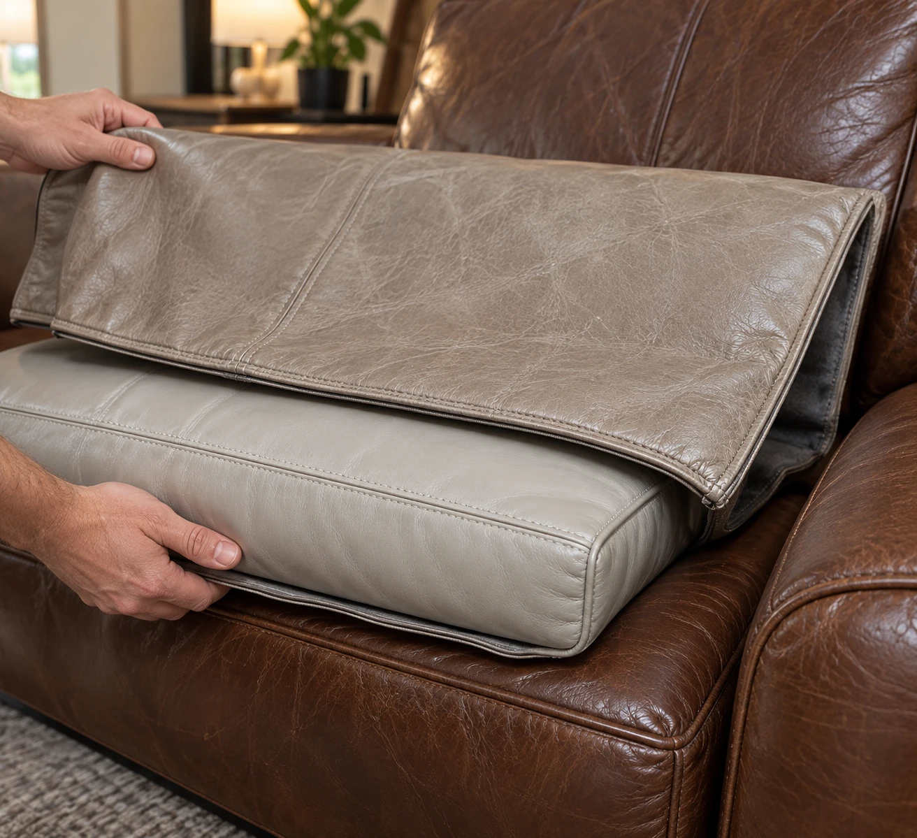 Leather cushion cover lifted off its insert