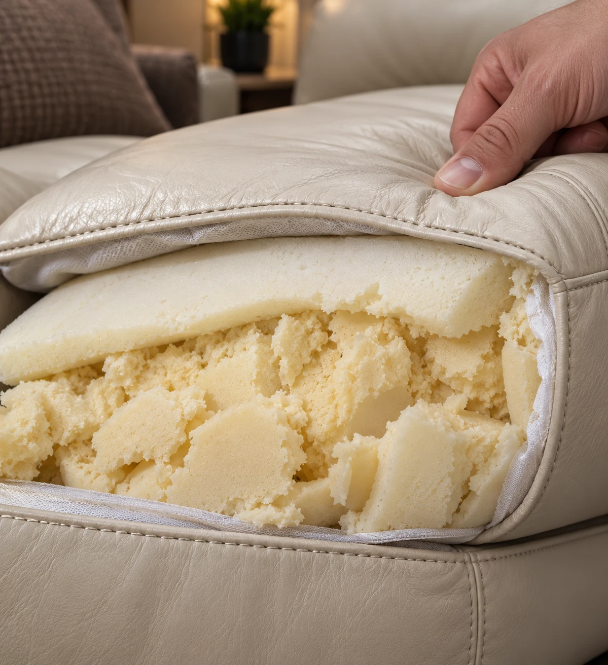 Crumbled old foam inside a leather cushion