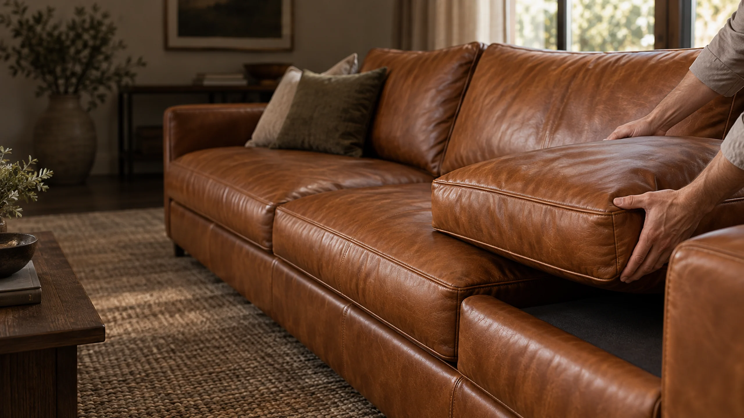 Cushion lifted off a brown sofa