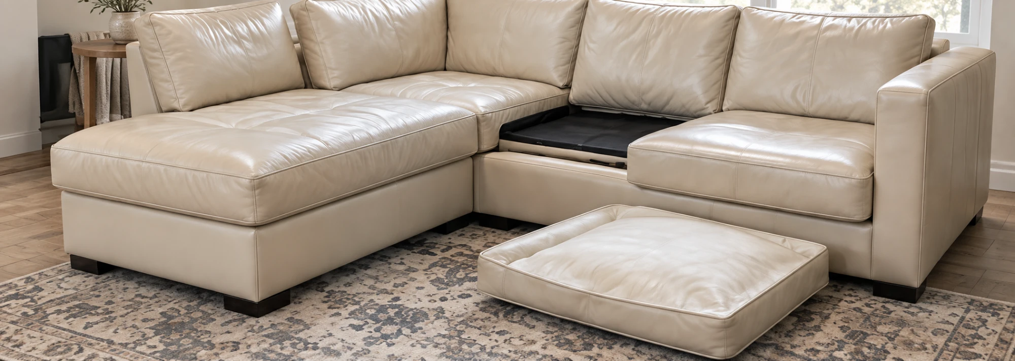 Cream sectional with one seat cushion removed for repair