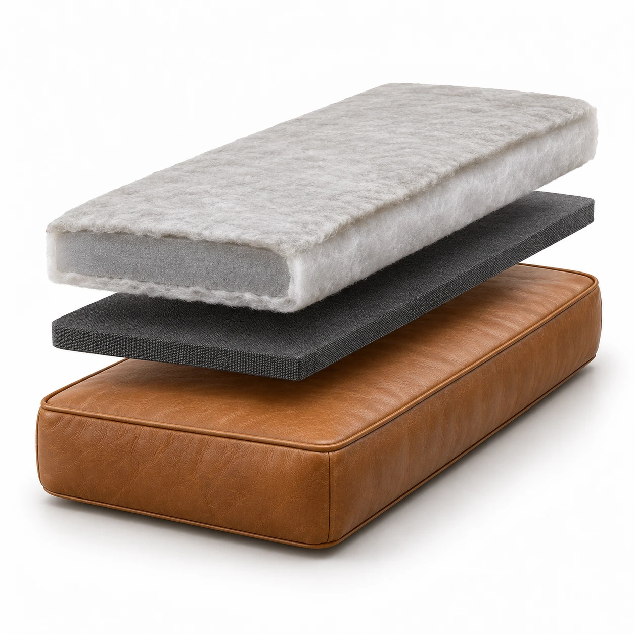 Foam, batting and leather cover layers of a cushion