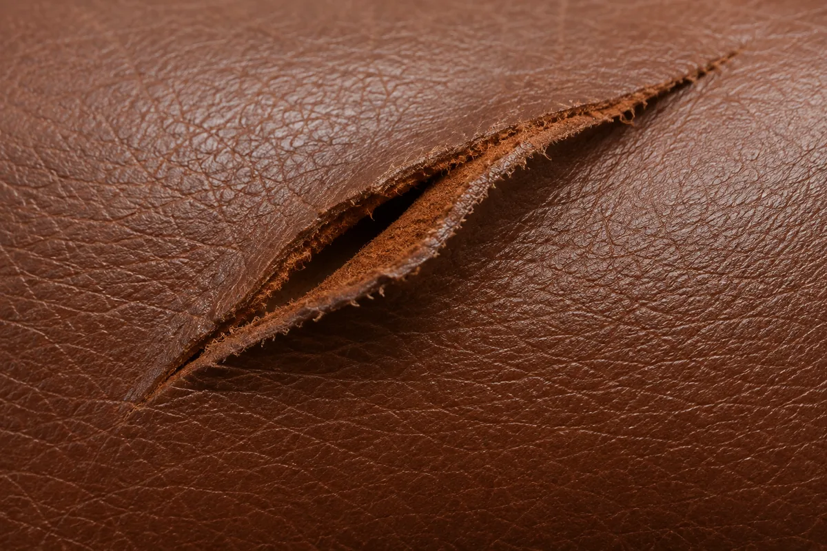 Close-up of brown leather that has split open, the edges parted to show the fibre underneath