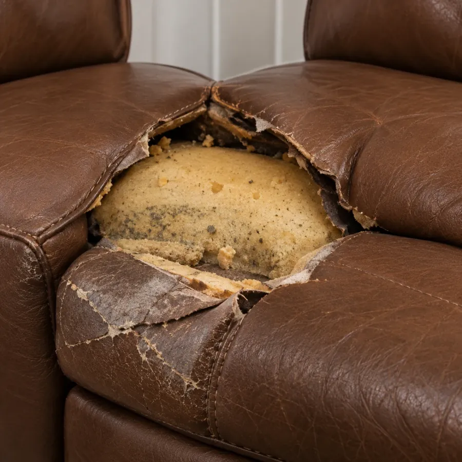 Torn leather cushion with crumbling foam inside