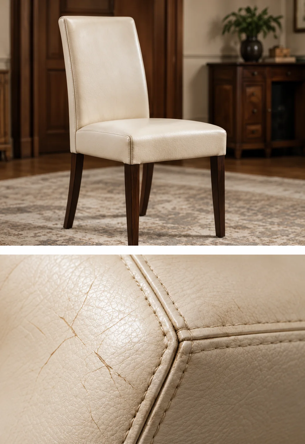Cream leather dining chair with a scuffed seam