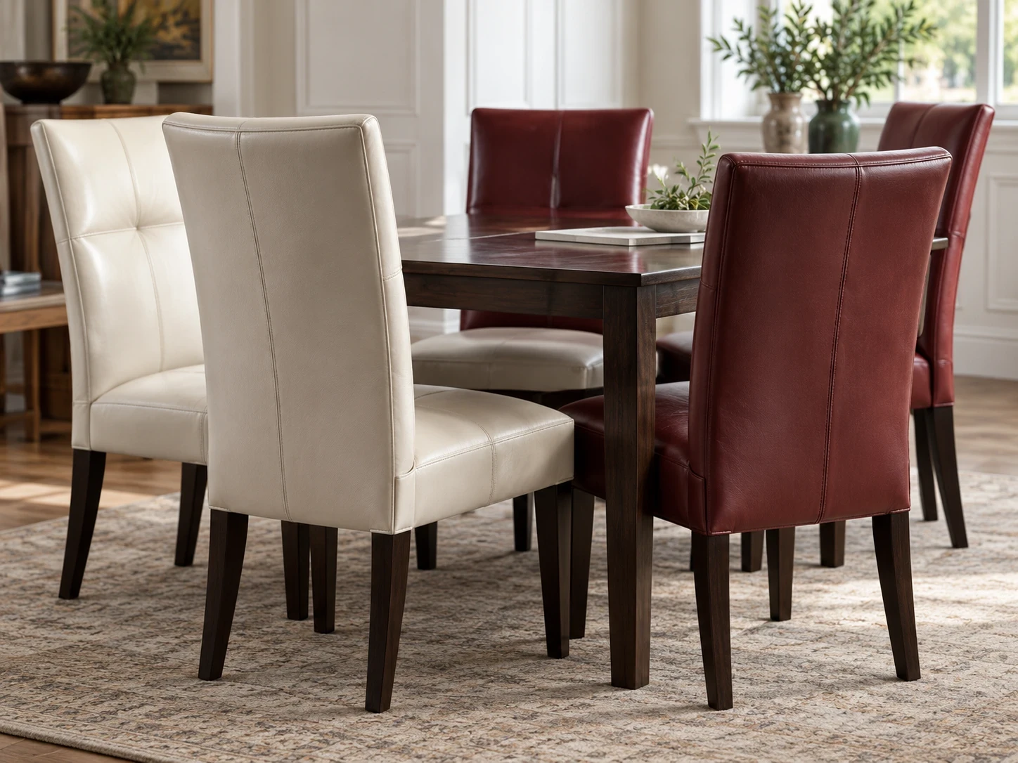 Dining chairs recovered in two leathers