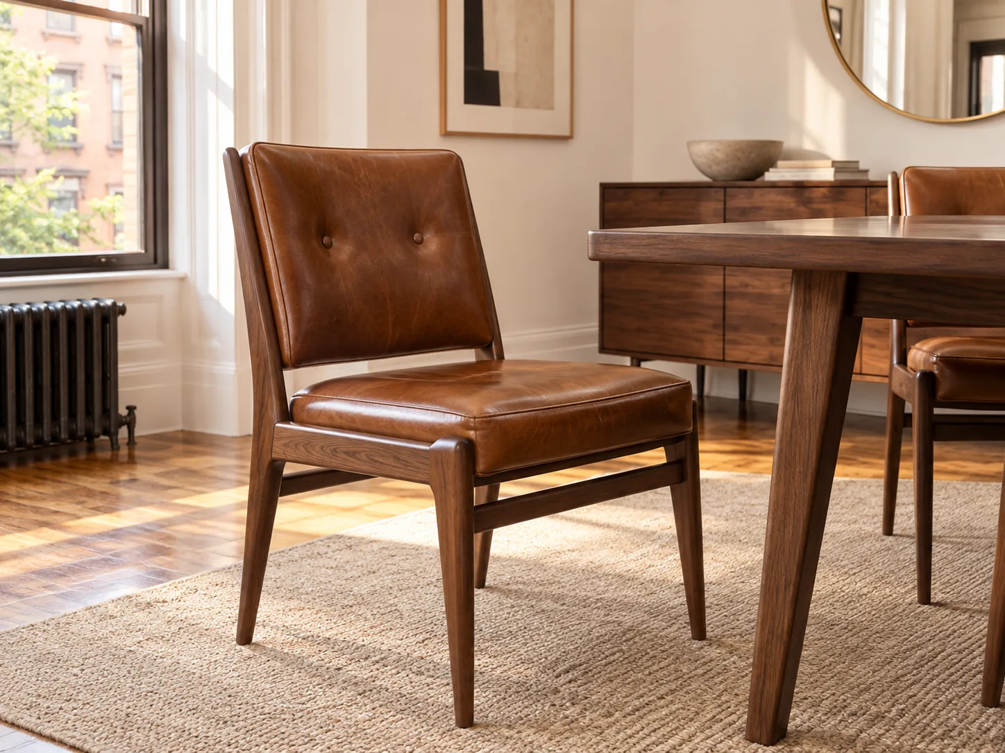 Tan leather dining chair with a walnut frame