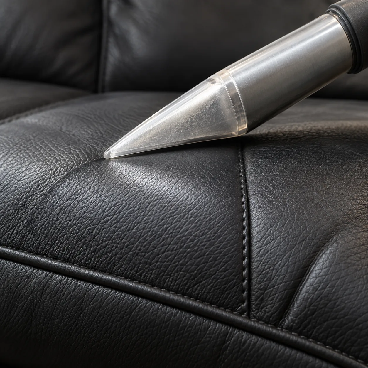 A colour applicator touching the surface of a black leather bench seat