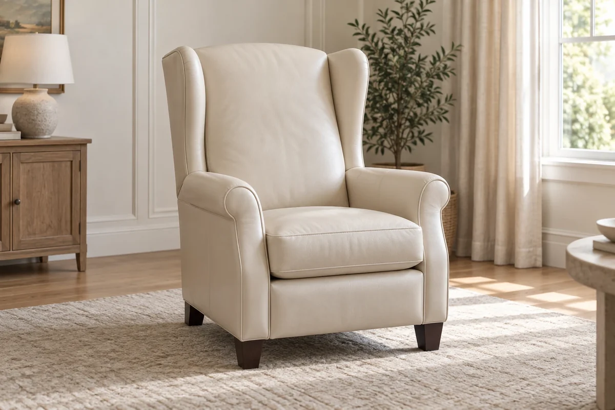 Cream wingback recliner in a bright room