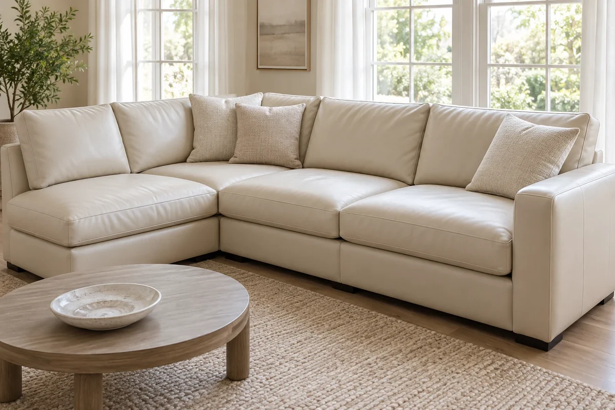 Cream leather sectional marked by dye from a throw