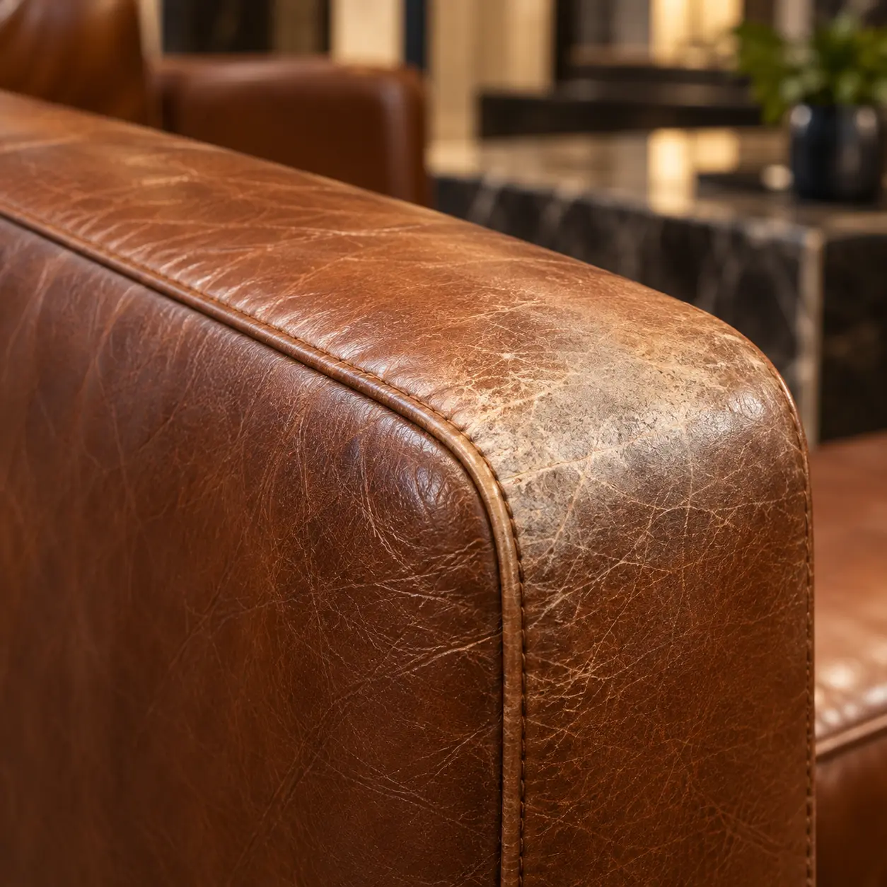 Faded leather on the arm of a lobby sofa