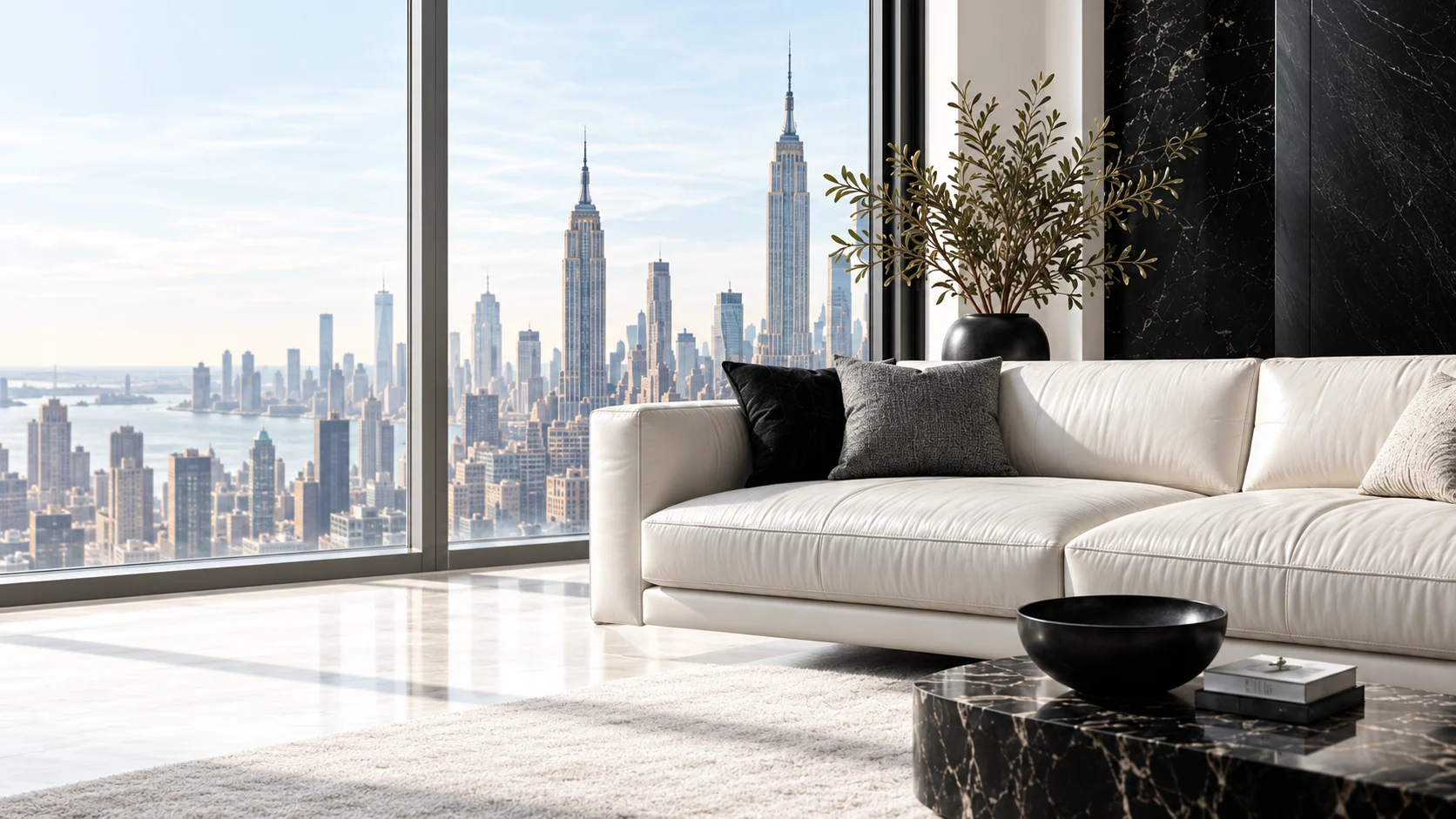 Furniture repair Manhattan: a cream leather sofa by a window over the Manhattan skyline