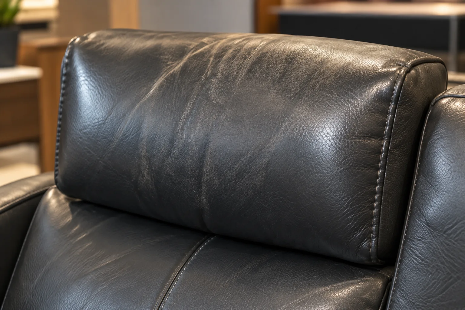Worn headrest area on a leather commercial chair back