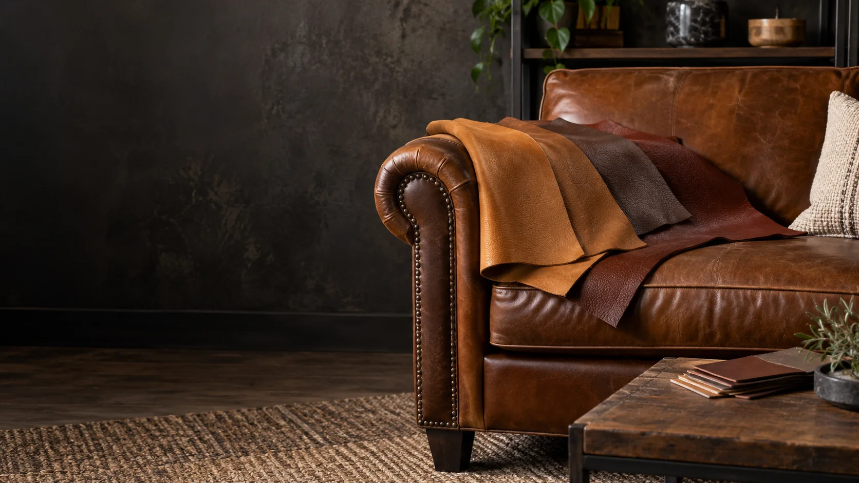 Leather hide samples draped over a sofa to match color and grain