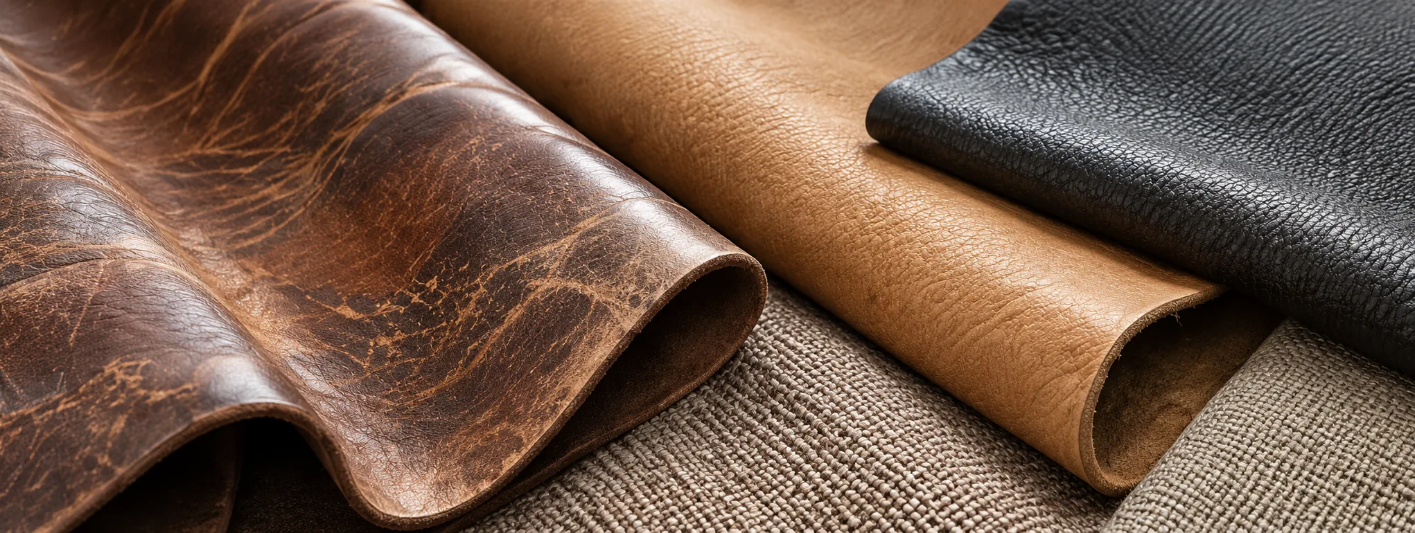 Three rolled leather hides in distressed brown, tan and black on hessian