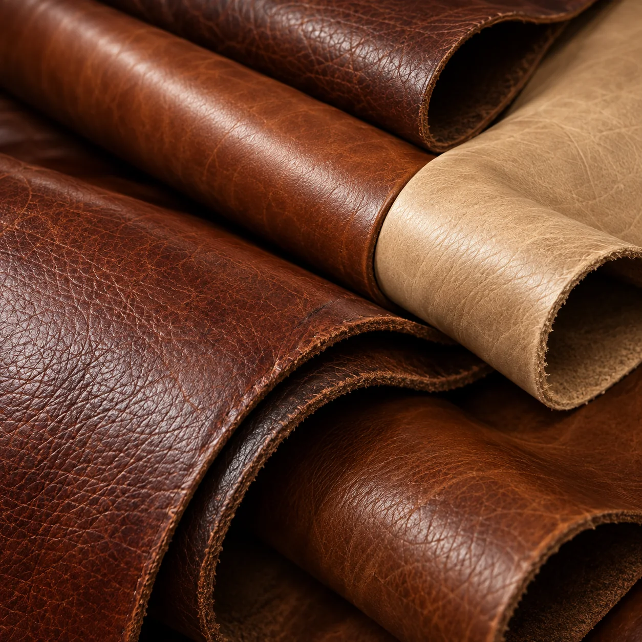 Selection of cognac and tan leather hides for reupholstery
