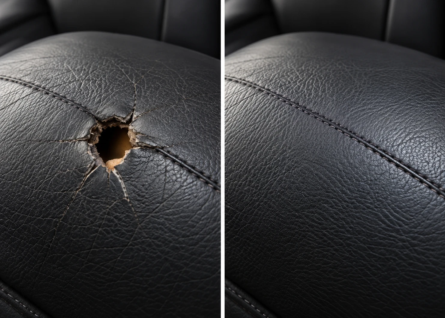 Black leather cushion hole before and after repair
