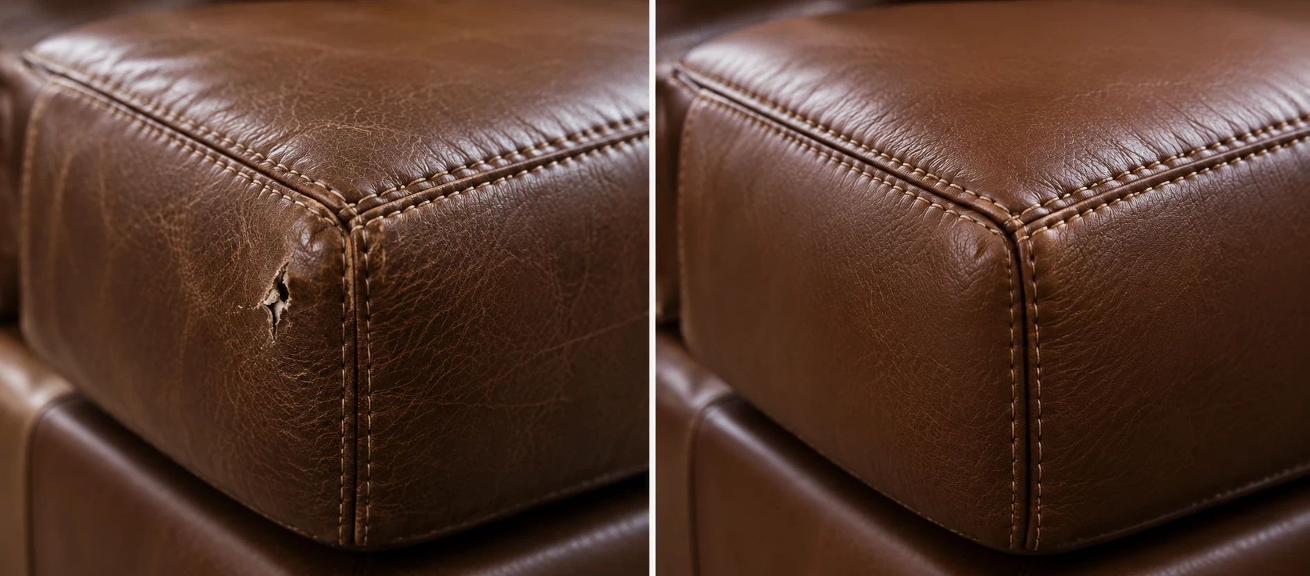 Brown ottoman corner tear before and after