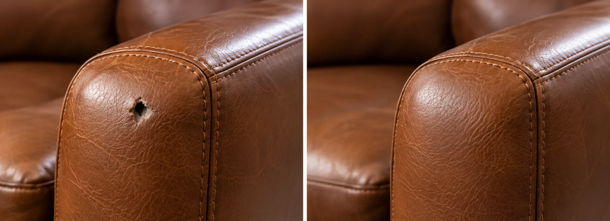 Chestnut leather arm hole before and after