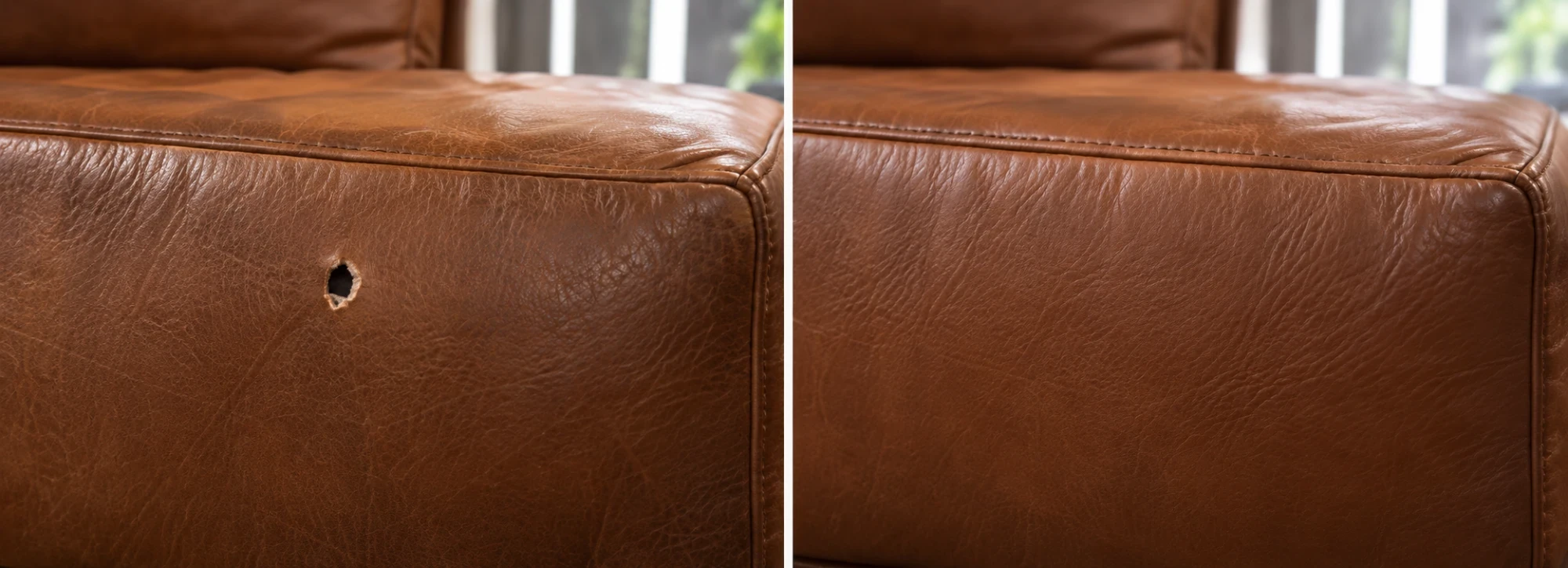 Chestnut leather side panel hole before and after repair