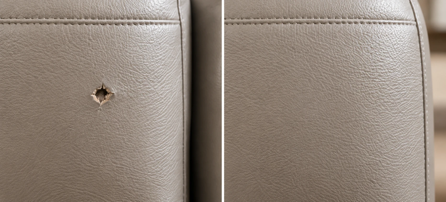 Small puncture on a greige cushion before and after