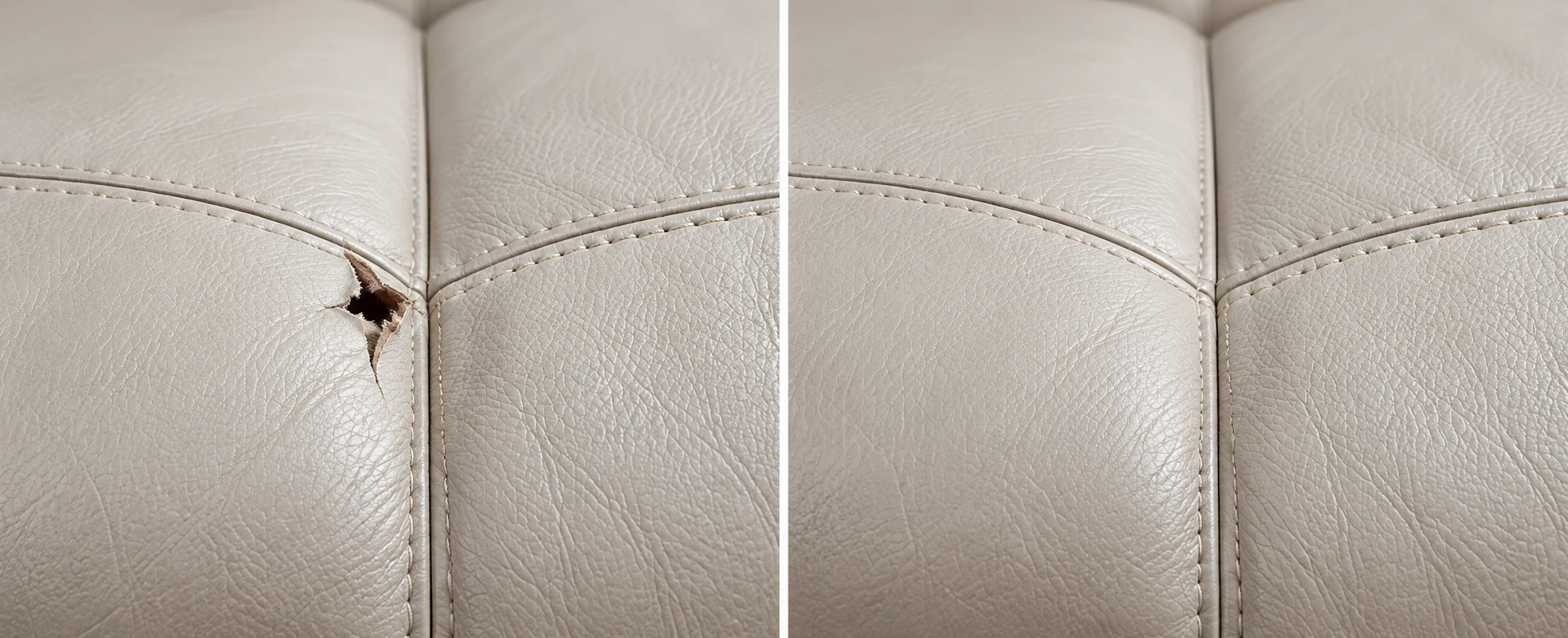 Greige leather seam hole before and after