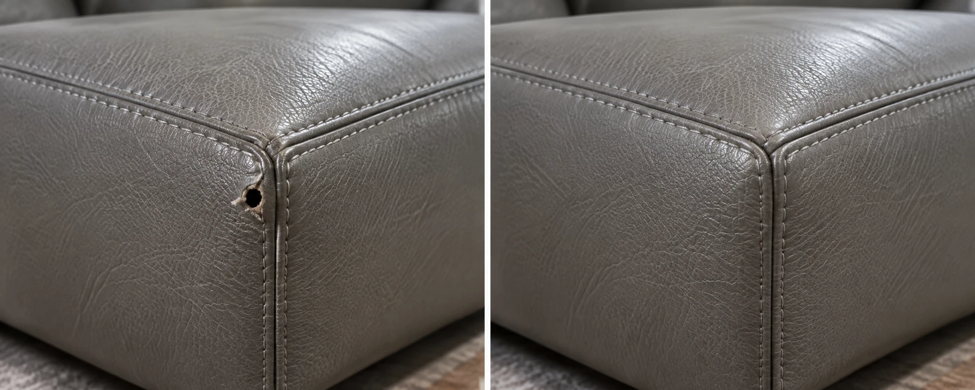 Hole in a grey ottoman corner before and after