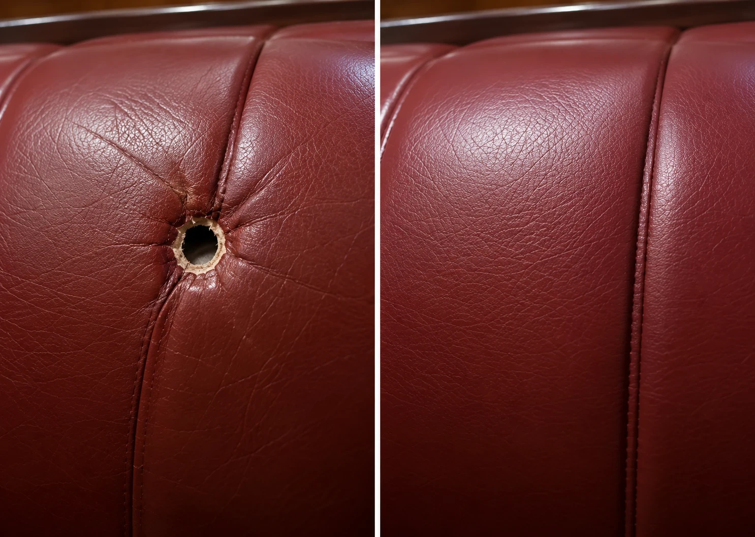 Oxblood channel-tufted leather with a hole, before and after