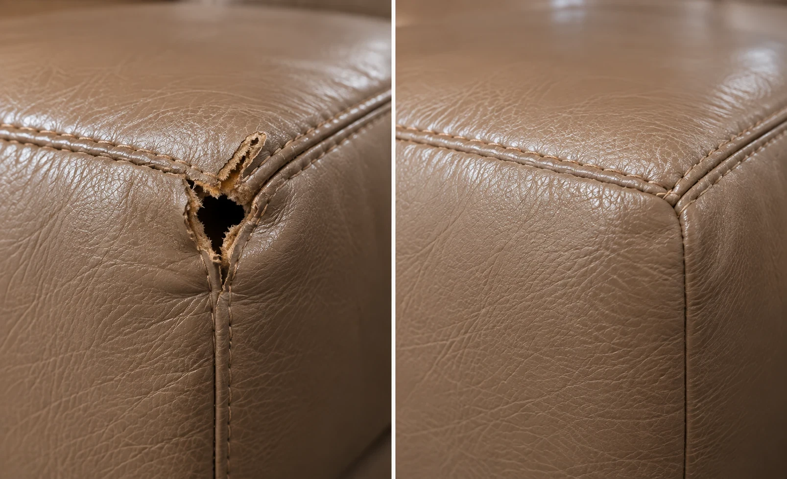 Taupe corner seam hole before and after