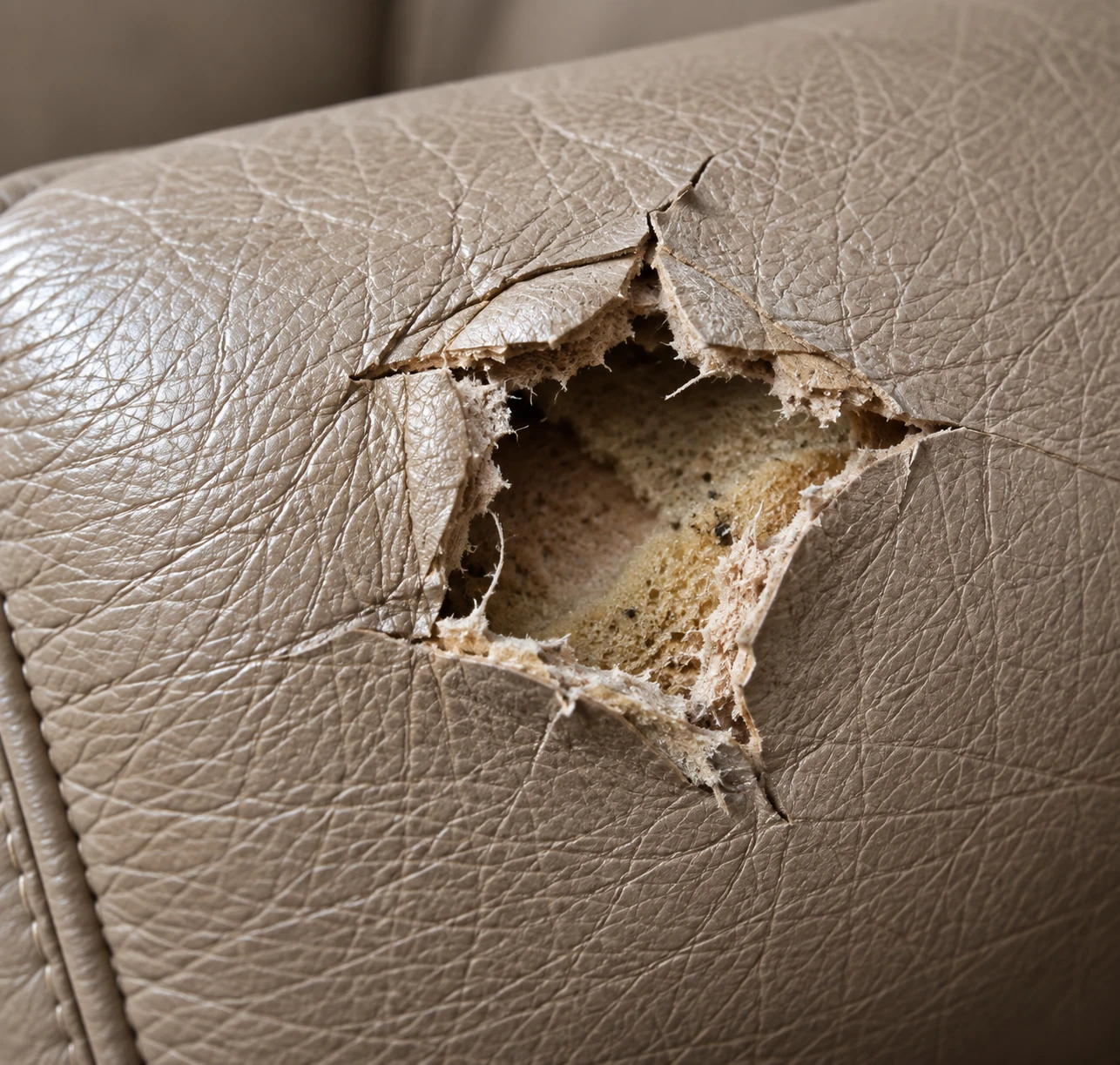 Hole punched through a taupe leather seat