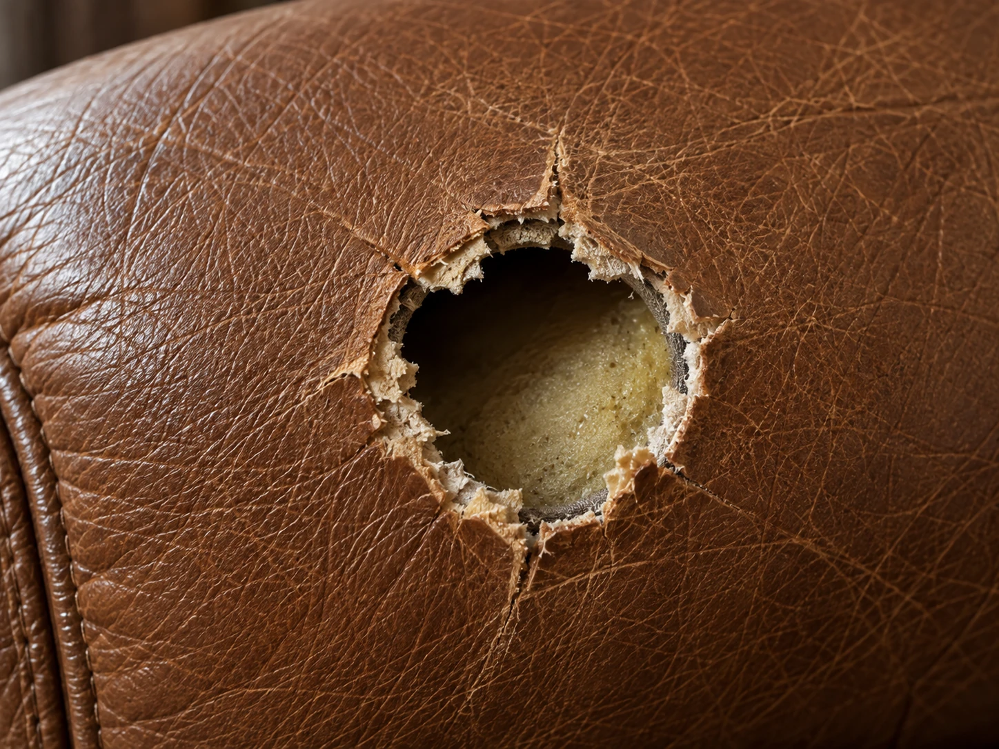Hole through leather showing foam