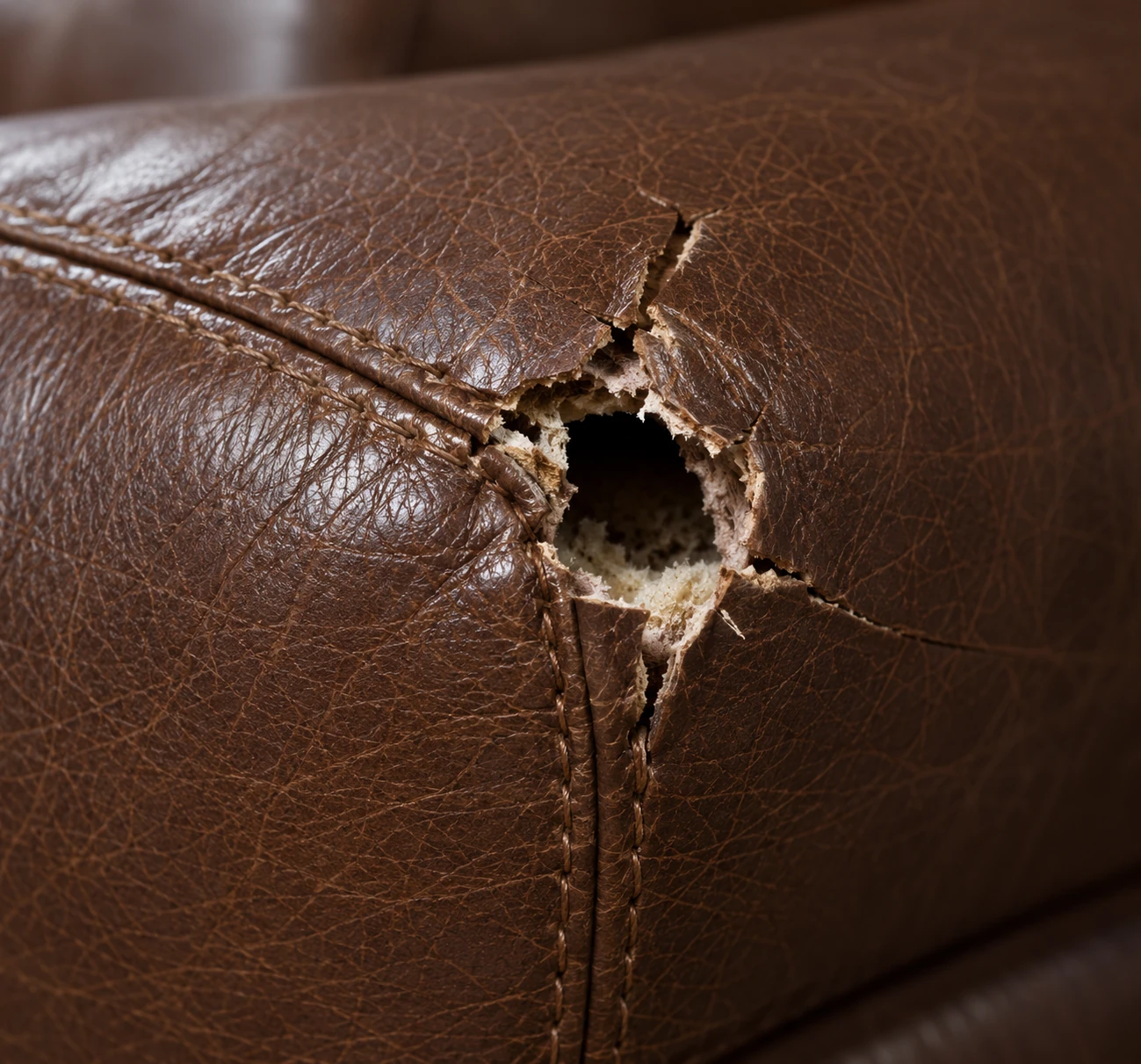 A ragged hole punched clean through brown leather where two seams meet, the dark cavity open behind it