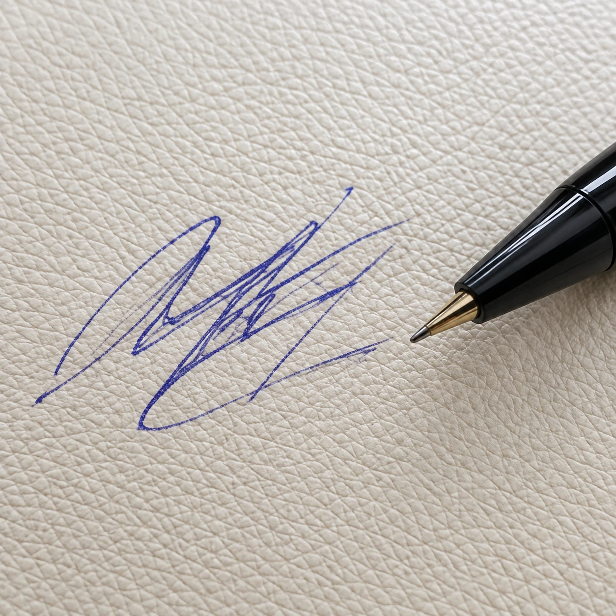 Blue ballpoint pen marks drawn across cream leather