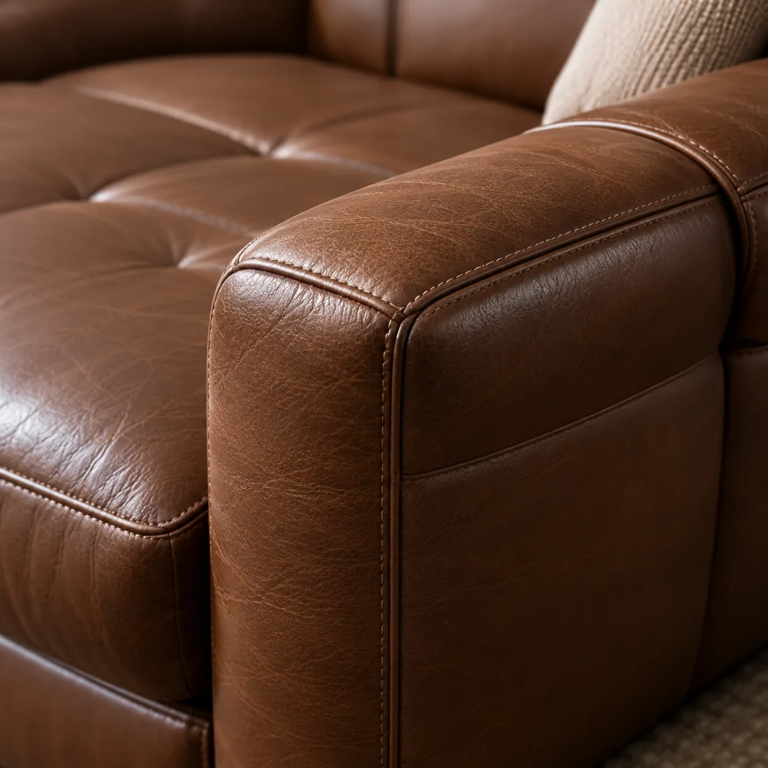 Outside arm panel of a brown leather sofa