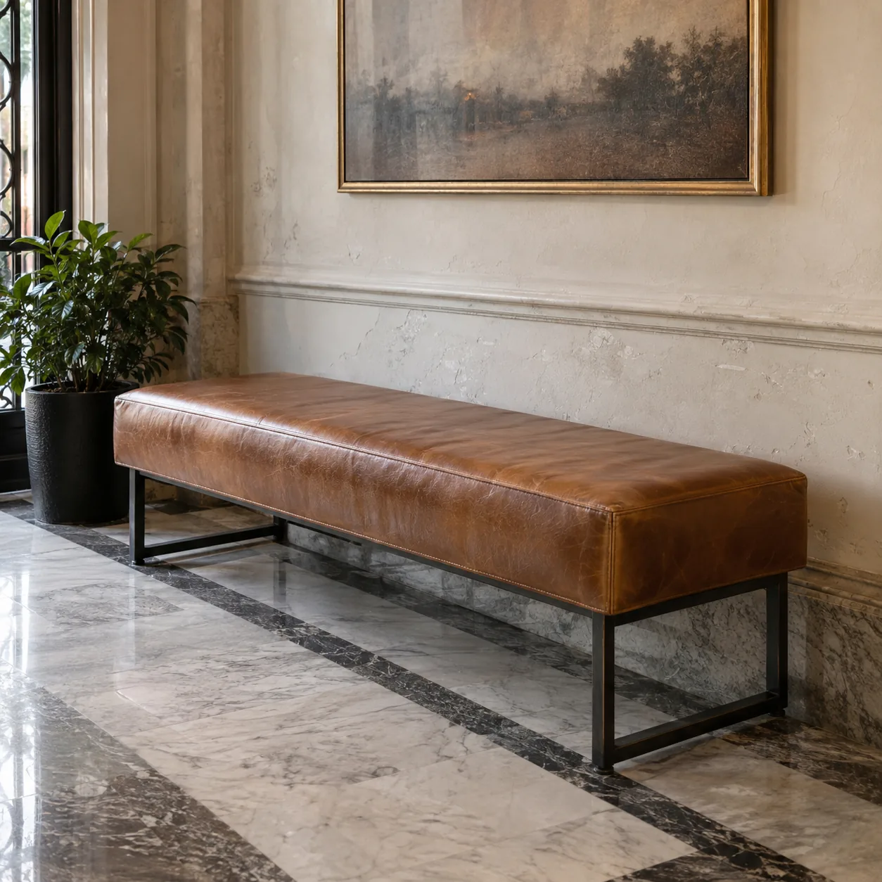 A cognac leather lobby bench