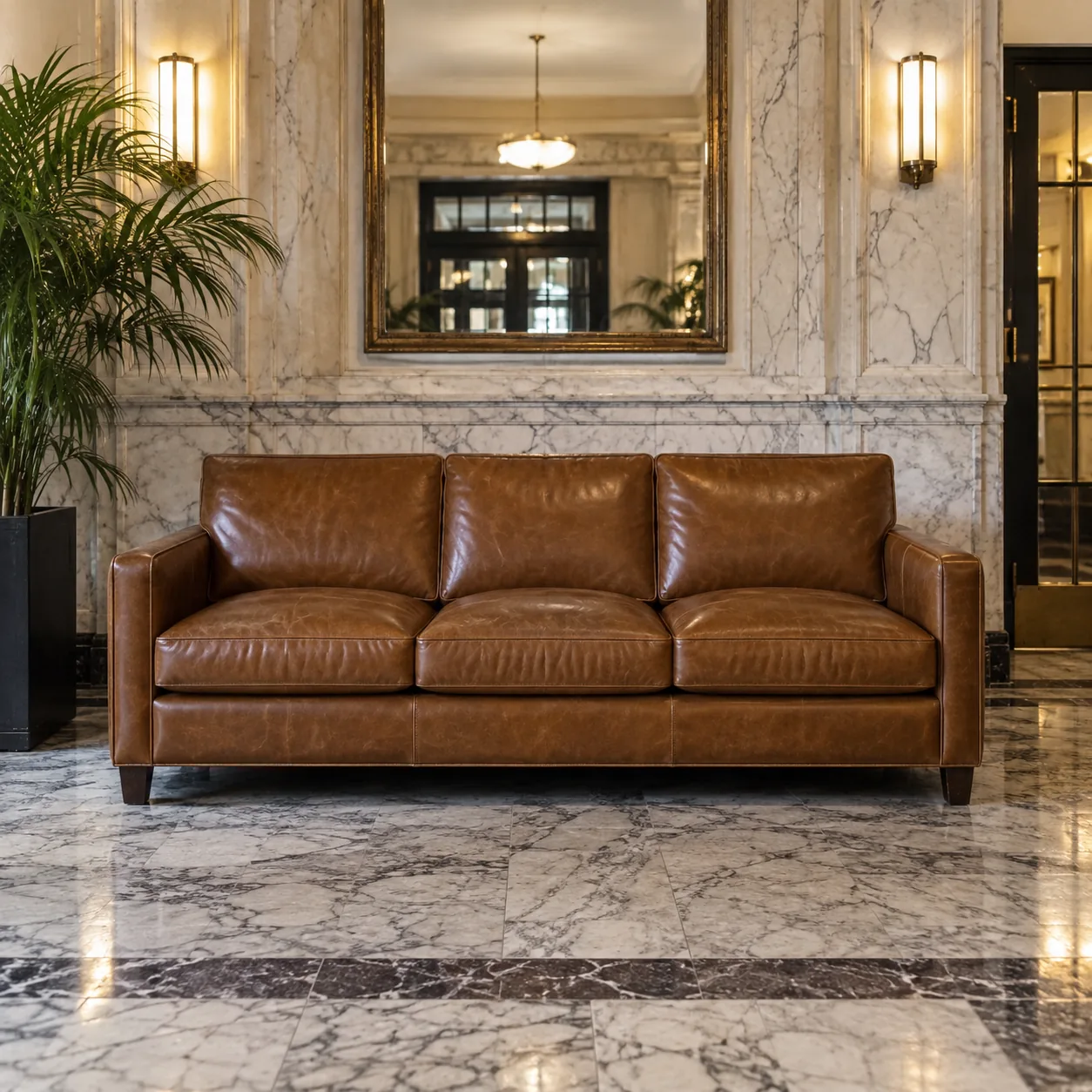 A cognac leather lobby sofa