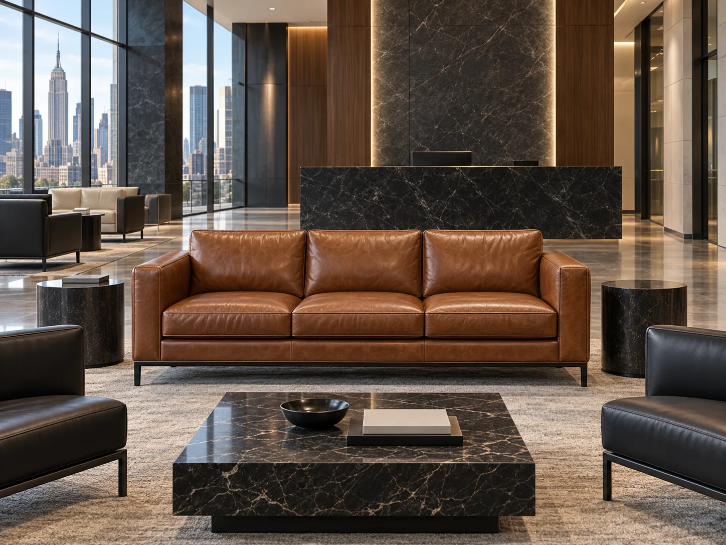 A cognac leather three-seat sofa in an NYC office lobby