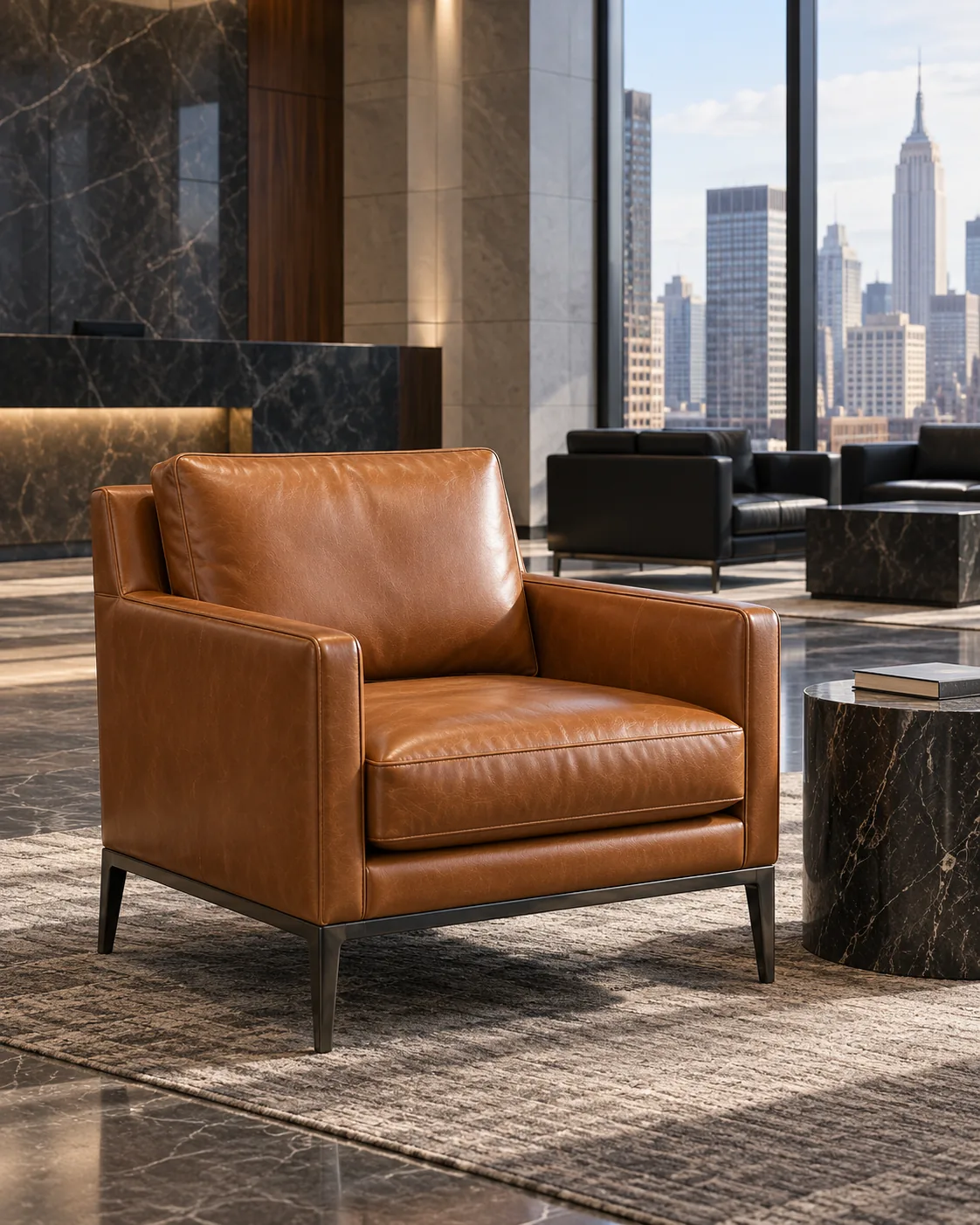 A cognac leather lounge chair in an office lobby