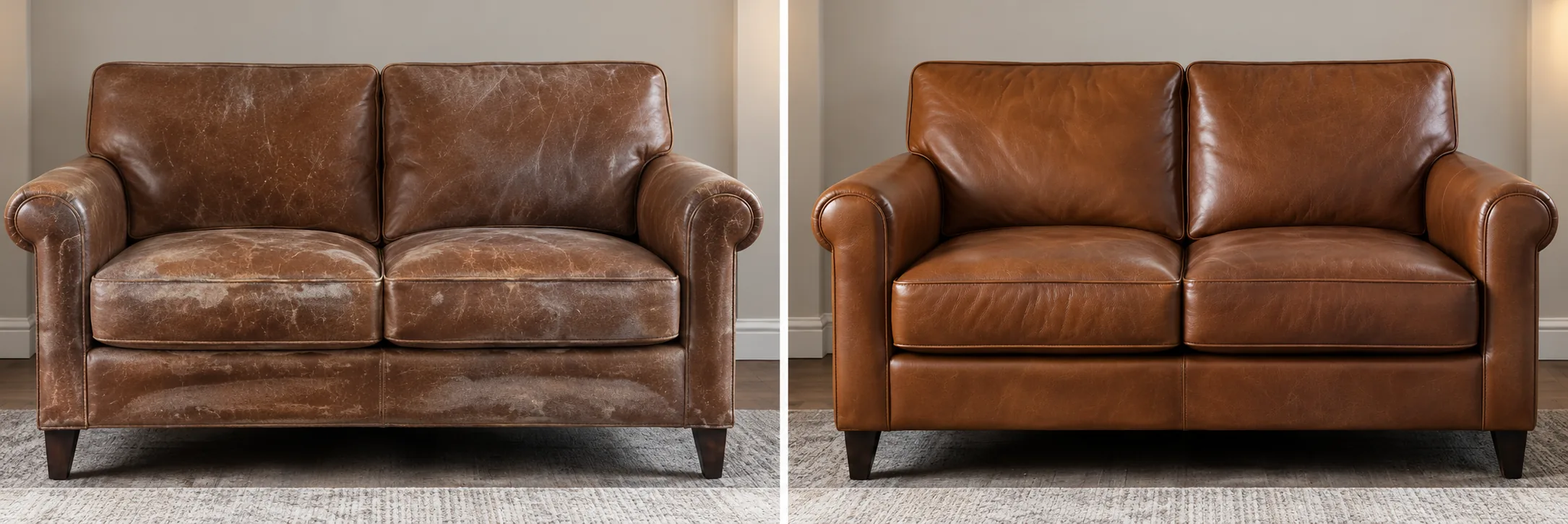 Leather loveseat repair before and after: worn cognac two-seater with colour gone from the seats and arm tops, restored to an even finish